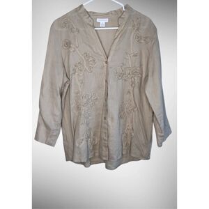 Charter Club Linen Blouse Women's size 16 Tan Up Shirt Embellished Casual Office